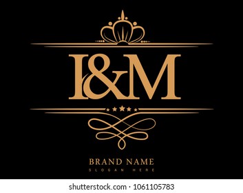 I&M Initial logo, Ampersand initial logo gold with crown and classic pattern