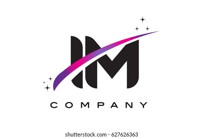 IM I M Black Letter Logo Design with Purple Magenta Swoosh and Stars.