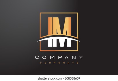 IM I M Golden Letter Logo Design with Swoosh and Rectangle Square Box Vector Design.