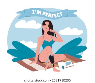 Im perfect woman. Young girl with prosthetic leg. Self acceptance and love, confidence. Positive feelings and emotions. Flat vector illustration isolated on white background