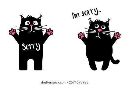 im sorry.  Cute cat at home.  black cat.   Vector illustration in a flat style. For printing on cup, t-shirts or Greeting card.  