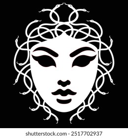 The imag depicts Medusa with her iconic snake hair, her gaze intense and captivating. The minimalist design uses clean lines and a monochromatic palette, emphasizing her mythical and powerful presence