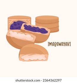 Imagawayaki Japanese sweets dessert with cream and red bean paste set. Vector illustration Asian pancake bakery