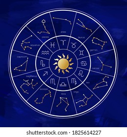 Image of 12 signs of the zodiac around the golden sun, zodiac constellations and their names in a circle on a blue watercolor background. Can be used in web design, book graphics, printing, banners.