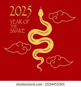 Imagem de 2025, Ano da Serpente da Madeira. A cobra dourada sobre um fundo vermelho representa sabedoria e renascimento no tradicional simbolismo do zodíaco chinês