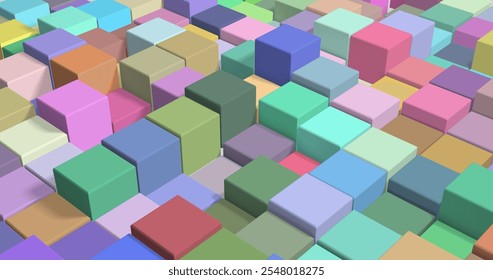 A imagem é uma ilustração vetorial 3D de uma superfície que consiste em cubos multicoloridos de várias sombras. O arranjo irregular cria um interessante padrão de formas geométricas.