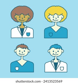 Image of 4 characters of medical works on a blue background. Vector illustration on a medical theme.