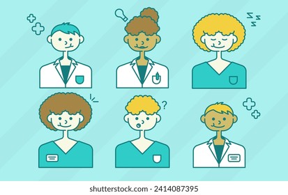 Image of 6 characters of medical works on a blue background. Vector illustration on a medical theme. Drawing in flat style.