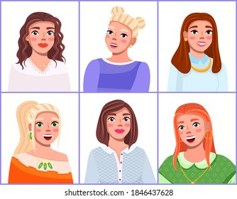 Image of 6 young, beautiful, stylish, trendy girls. Fashionable makeup, hairstyles. Trendy women, streamers. Makeup master class. Modern trends, cosmetics guide. Video blogging, broadcasting