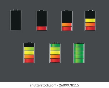  Image of 7 objects in the form of batteries with charge levels. The energy level on each battery is indicated by divisions and color. Image on a black background .Vector illustrator EPS 10