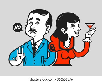 Image of an abstaining man with his wife at the party. Gesture of denial. Vector illustration.