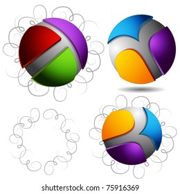 An image of a abstract 3d sphere icons with curly pen stroke background.