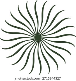 La Imagen es un diseño radial abstracto en blanco y negro que puede describirse como una explosión estilizada de sol, espiral o geométrica. Es una Ilustración vectorial que se utiliza a menudo como elemento decorativo o de logotipo. 