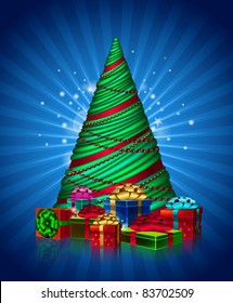Image of abstract christmas tree with bright color gifts on blue background