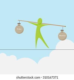 An image of an abstract figure trying to balance between time and money.