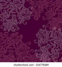 Image with abstract foliage with purple background and empty central part, a pattern of swirls and branches.