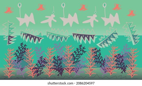 Image of abstract green trees and silhouettes toys for backdrops, templates, postcards