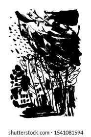Image of an abstract landscape. Calligraphy. Black and white vector illustration. Can be used as background, poster, print design, greeting card, print on a t-shirt.