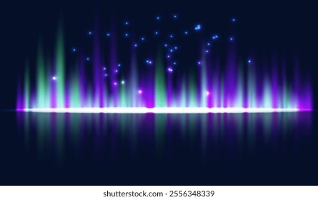 The image is an abstract representation of light rays with a gradient of colors from green to purple, creating a glowing effect. Bright color transitions and the illusion of glow make it especially