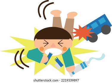 Image of an accident in which a child falls while brushing teeth