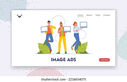 Image Ads Landing Page Template. Positive Promoters Point On Empty Screen Of Laptops with Place of Advertising or Information. Characters Presenting Modern Devices. Cartoon People Vector Illustration