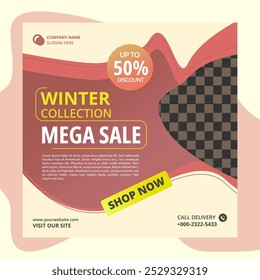 The image is an advertisement for a winter sale. It has a red and yellow color scheme with a large wave-like design on the left side.