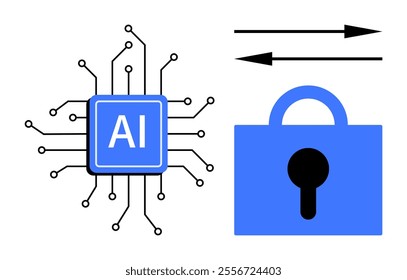 Image of an AI chip connected with multiple lines representing circuits a security lock and two data exchange arrows. Ideal for technology cybersecurity data exchange artificial intelligence