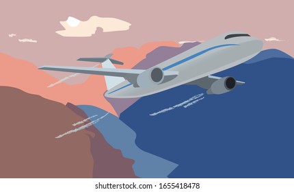 Image of an airplane on the background of mountains, river, sky and sun. Flat style. Vector illustration.