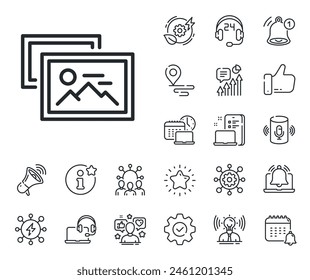 Image album thumbnail sign. Place location, technology and smart speaker outline icons. Photo images line icon. Picture gallery placeholder symbol. Photo album line sign. Vector