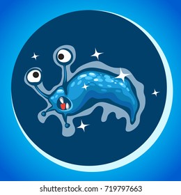 The image of the alien animal in round porthole of a spaceship. Vector cartoon close-up illustration.