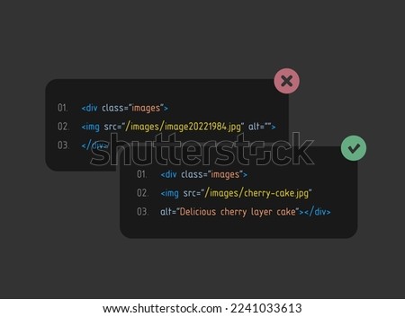 Image Alt and title tag text SEO concept. Comparison of the right image optimization for SEO and the best usability experience on the website and the wrong one