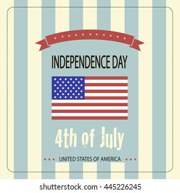  Image of the American flag and the phrases Independence Day,4th of July and United States of America on the striped background.