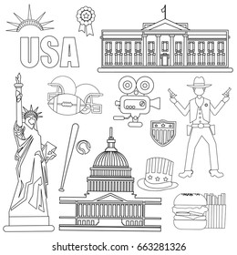 Image of American symbols in lines. Vector