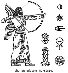  Image of the ancient archer. Full growth. Black and white drawing based on motives of Sumerian art, isolated on a white background. Space symbols. Vector illustration.