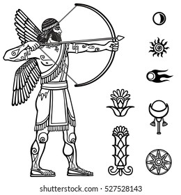 Image of the ancient archer. Full growth. Black and white drawing based on motives of Sumerian art, isolated on a white background. Space symbols. Vector illustration.