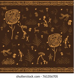 An image of ancient cave people harvesting and picking vegetables. Autumn harvesting and picking mushrooms. Silhouette vector illustration on a brown background. seamless.