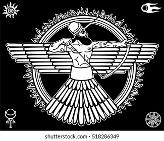 Image of an ancient deity.Set of esoteric symbols.  The white linear drawing isolated on a black background. Vector illustration.