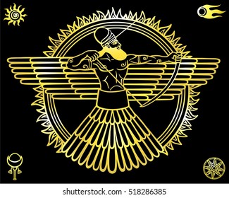 Image of an ancient deity.Set of esoteric symbols. The yellow linear drawing isolated on a black background. Gold imitation. Vector illustration. 