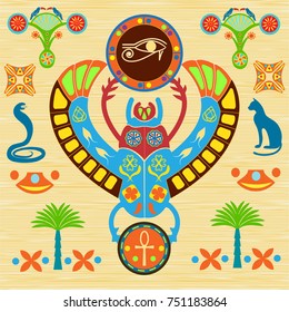 An image of an ancient Egyptian scarab with signs of the Eye of Horus and the emblem of Ankh. Figures of patterns with palm trees, a cat, a snake or a cobra