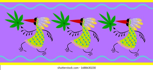 Image of ancient Indian ravens with hemp leaf on a bright background. Funny bird in cartoon style. EPS10 vector illustration