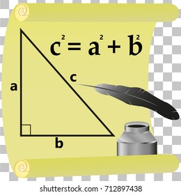 An image of an ancient papyrus with a formula, a triangle, a pen for writing and an ink cartridge on a transparent background.