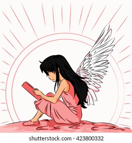 Image angel child to read a book in the shade of pink