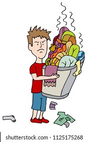 An Image Of A Angry Child Carrying Overflowing Basket Of Dirty Laundry In Need Of Washing.