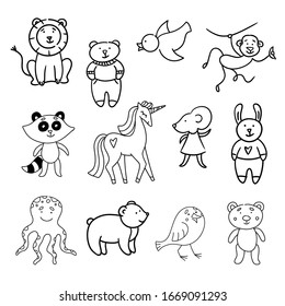 Image of animal. The image of the bear, lion, bird, octopus, raccoon, rabbit, unicorn, mouse, monkey. Children's toy. Vector symbol. Icon in Doodle style.