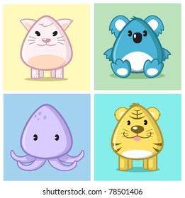 Image of animal (cat, koala, squid, tiger) in caricature cartoon style with soft and cute color on nice colored background. For more cute animals, see my portfolio