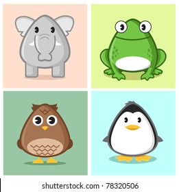 Image of animal (elephant, frog, owl, penguin) in caricature cartoon style with soft and cute color on nice colored background.
See my portfolio to see other cute animals