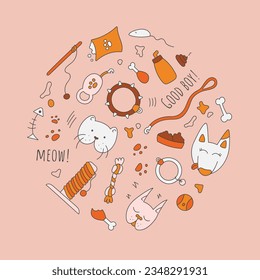 Image of animal faces, pet care accessories in circle shape. Vector set of pet store elements.