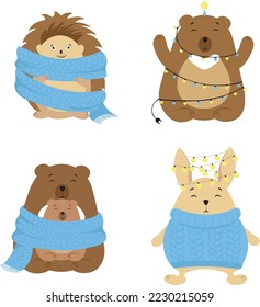 Image of animals in vector illustration. Yellow-blue palette of colors in support of Ukraine. Ukrainian winter
