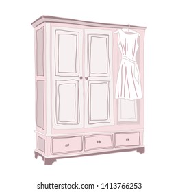 Image of an antique vintage wardrobe and dress hanging on hanger in the closet door, color vector illustration