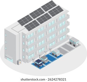 Image of an apartment building with isometric solar panels, storage batteries and electric vehicle charging facilities